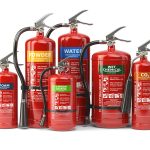 Fire extinguishers isolated on white background. Various types o